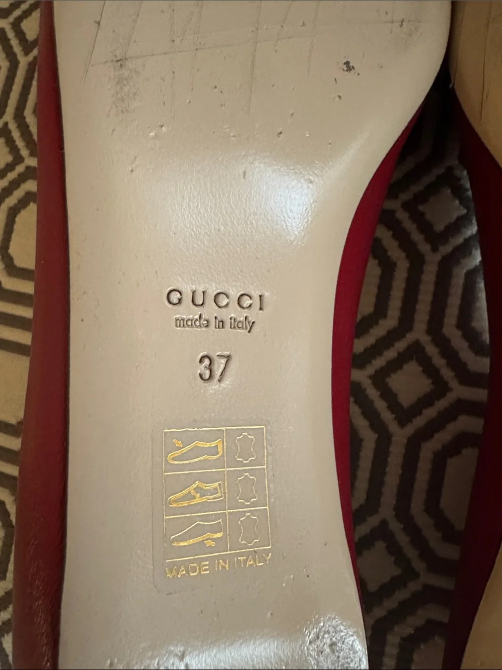 Gucci Red Leather Flats with Navy Ribbon Bow